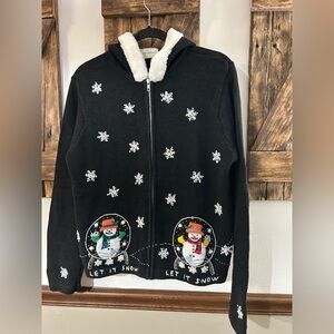 VTG Lemon Grass Winter Christmas Let It Snow Globe Hooded Cardigan Sweater Large